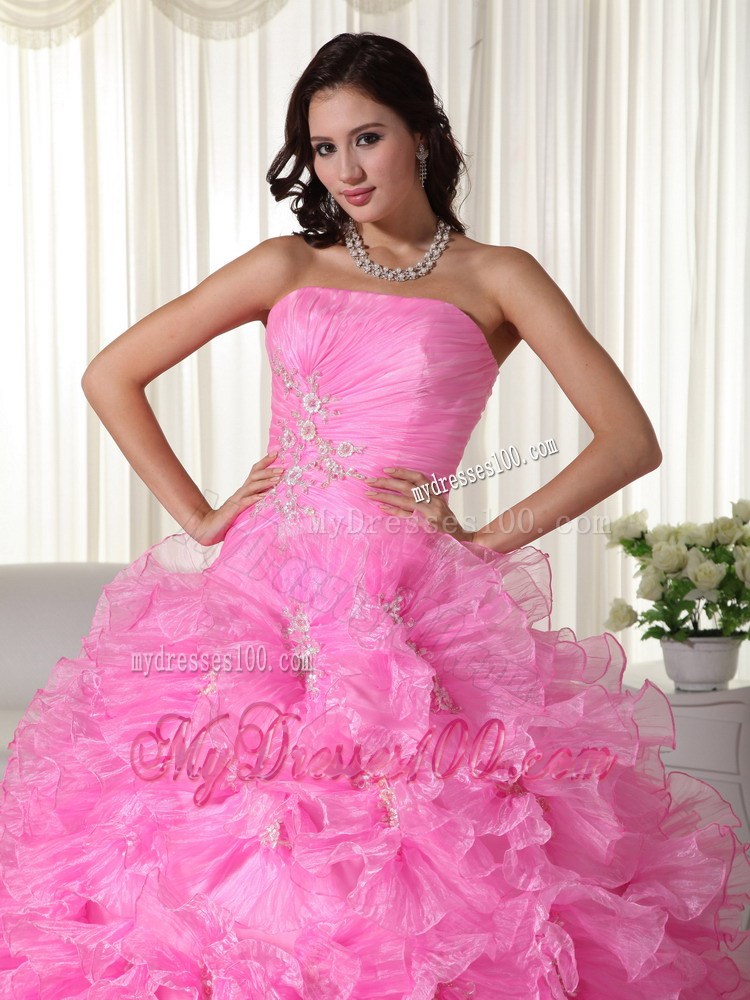 Rose Pink Strapless Ruffled Appliques and Beading Quinceanera Dress