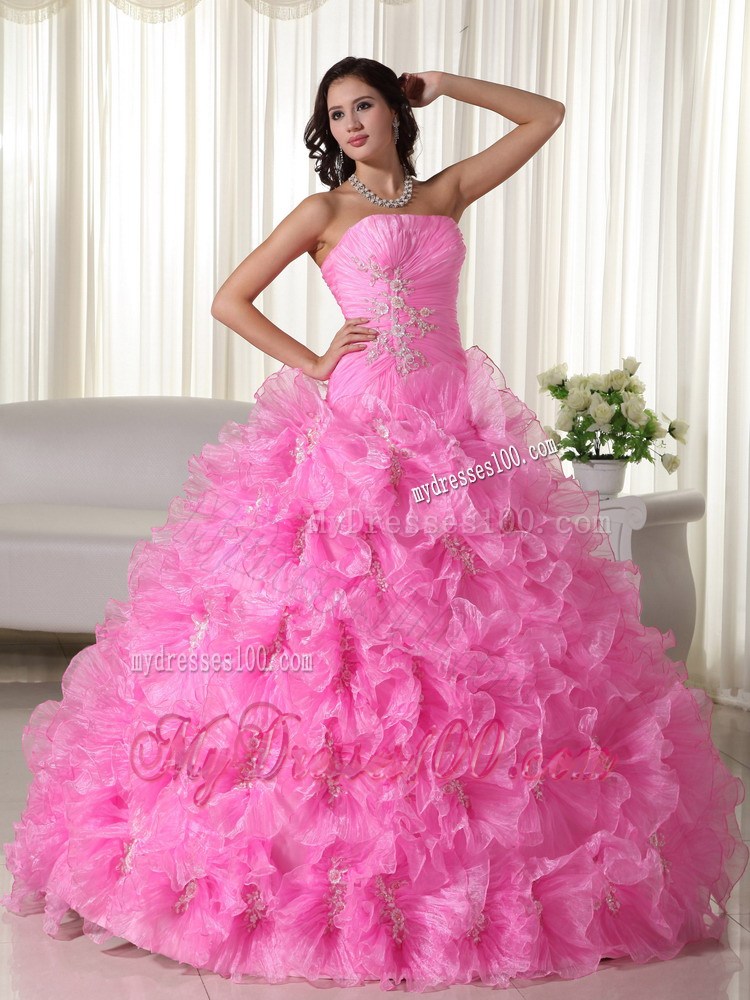 Rose Pink Strapless Ruffled Appliques and Beading Quinceanera Dress