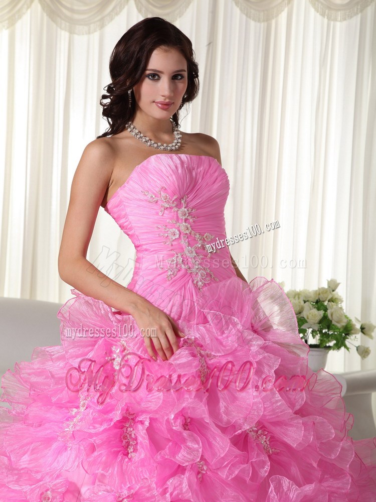 Rose Pink Ball Gown Strapless Floor-length Organza Appliques Qui