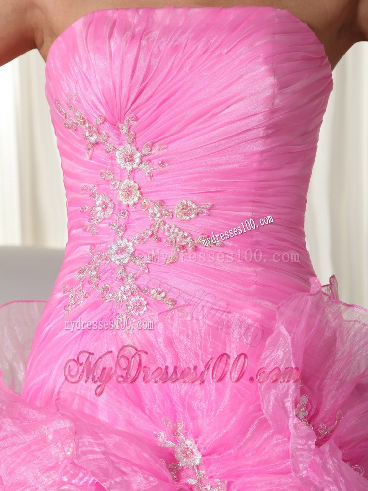 Rose Pink Ball Gown Strapless Floor-length Organza Appliques Qui