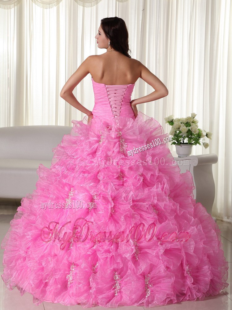 Rose Pink Ball Gown Strapless Floor-length Organza Appliques Qui