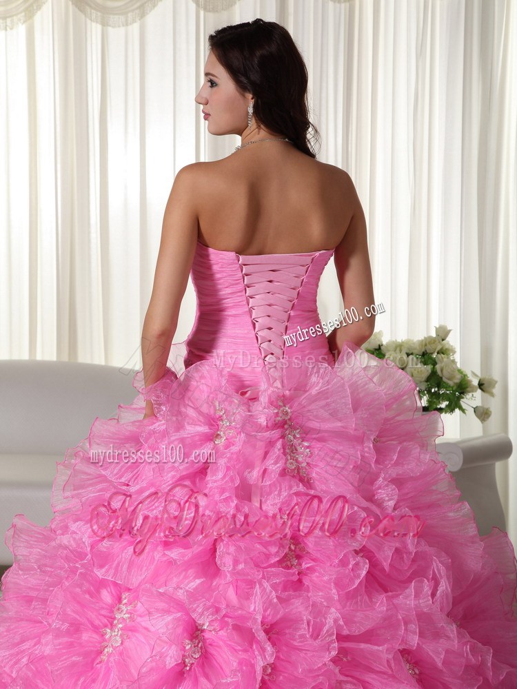 Rose Pink Ball Gown Strapless Floor-length Organza Appliques Qui