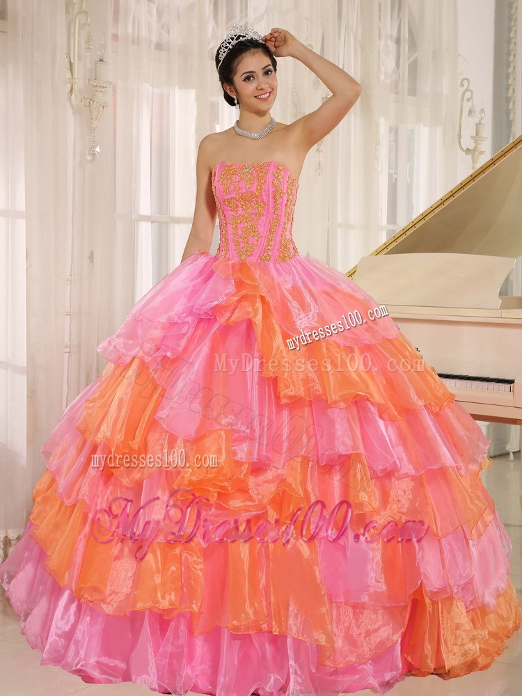 Ruflfled Layers and Appliques Rose Pink Sweetheart Quinceanera Dress