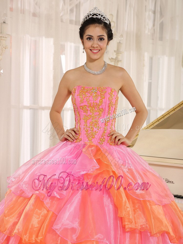 Ruflfled Layers and Appliques Rose Pink Sweetheart Quinceanera Dress