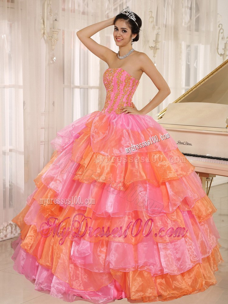 Ruflfled Layers and Appliques Rose Pink Sweetheart Quinceanera Dress