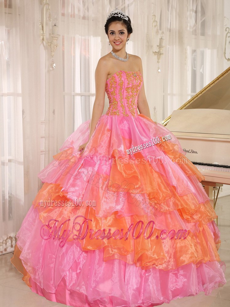 Ruflfled Layers and Appliques Rose Pink Sweetheart Quinceanera Dress