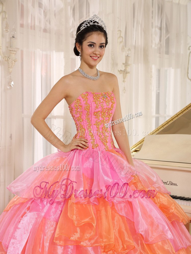 Ruflfled Layers and Appliques Rose Pink Sweetheart Quinceanera Dress