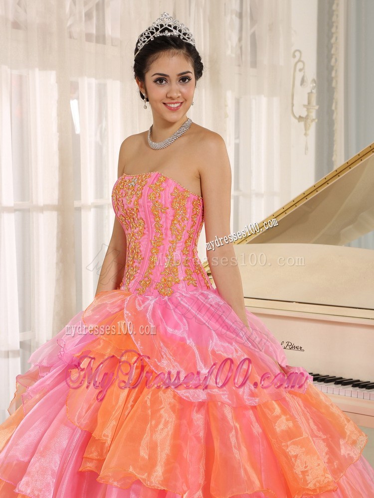 Ruflfled Layers and Appliques Rose Pink Sweetheart Quinceanera Dress