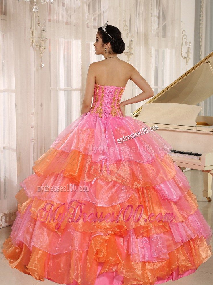 Ruflfled Layers and Appliques Rose Pink Sweetheart Quinceanera Dress