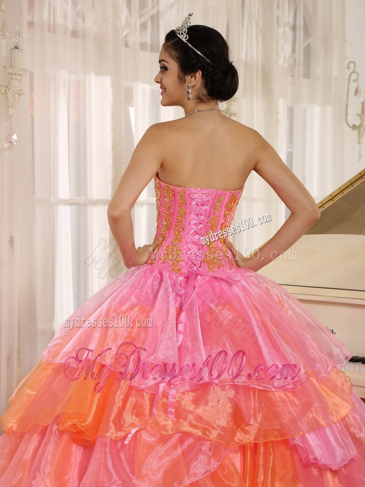 Ruflfled Layers and Appliques Rose Pink Sweetheart Quinceanera Dress