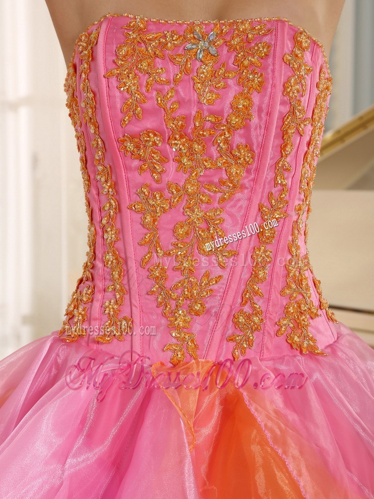 Ruflfled Layers and Appliques Rose Pink Sweetheart Quinceanera Dress