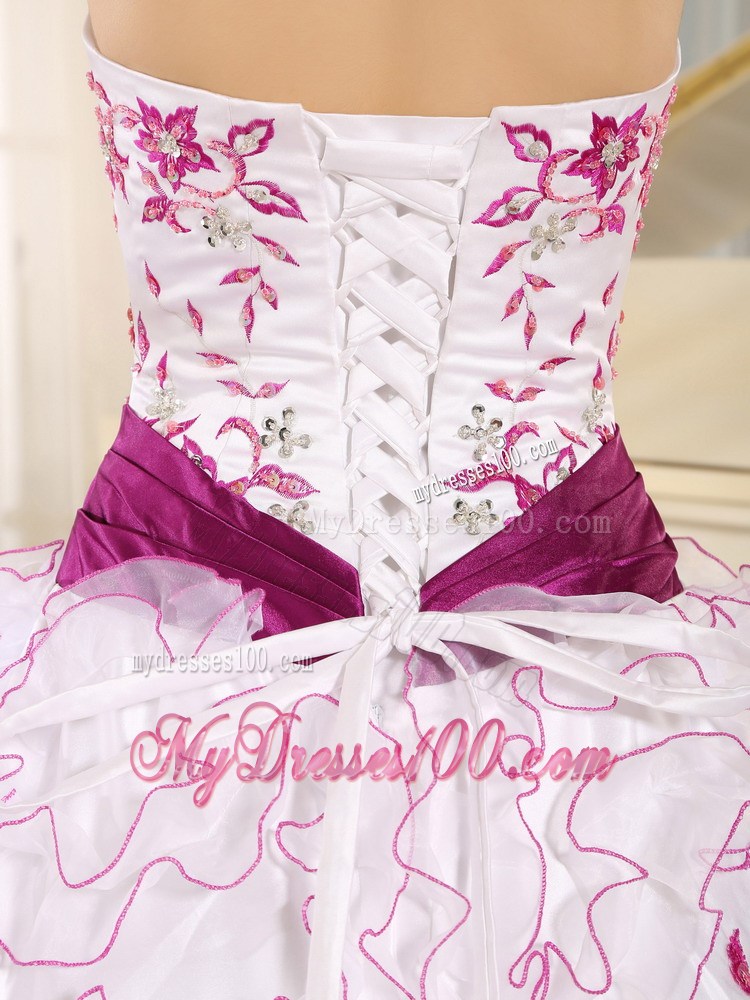 White Organza Strapless Quinceanera Dress With Embroidery and Belt