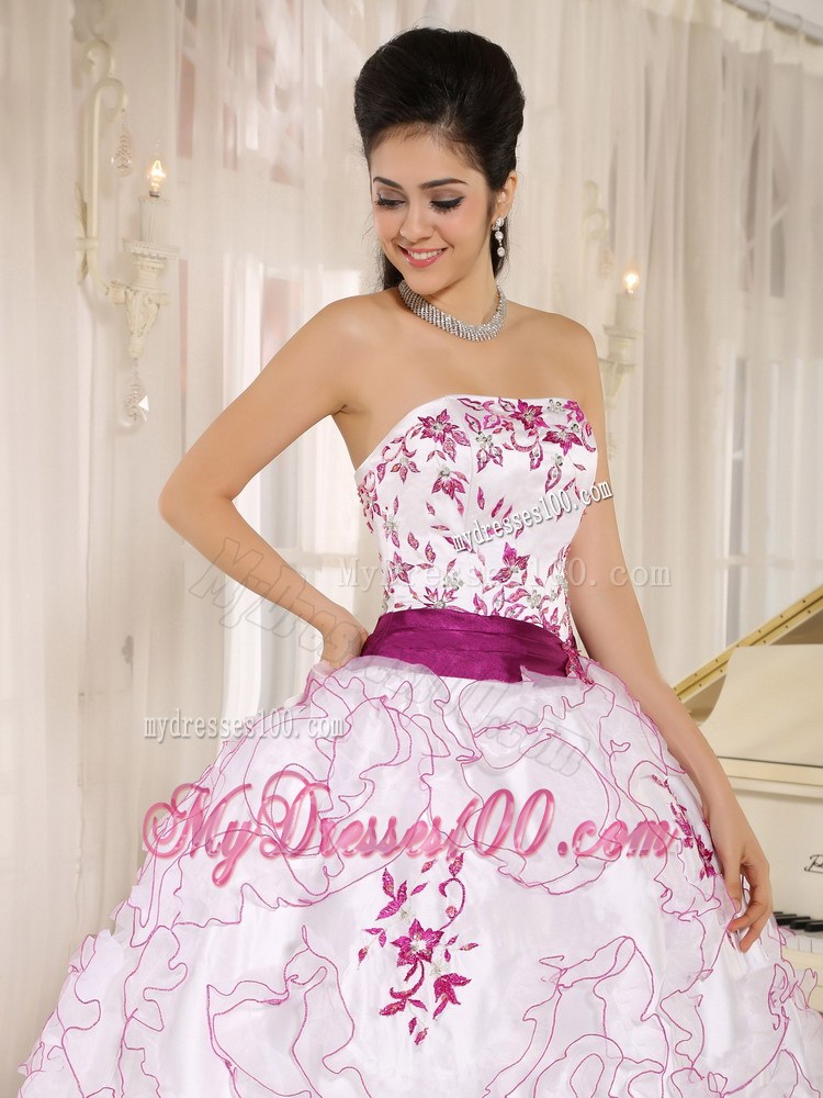 White Organza Strapless Quinceanera Dress With Embroidery and Belt