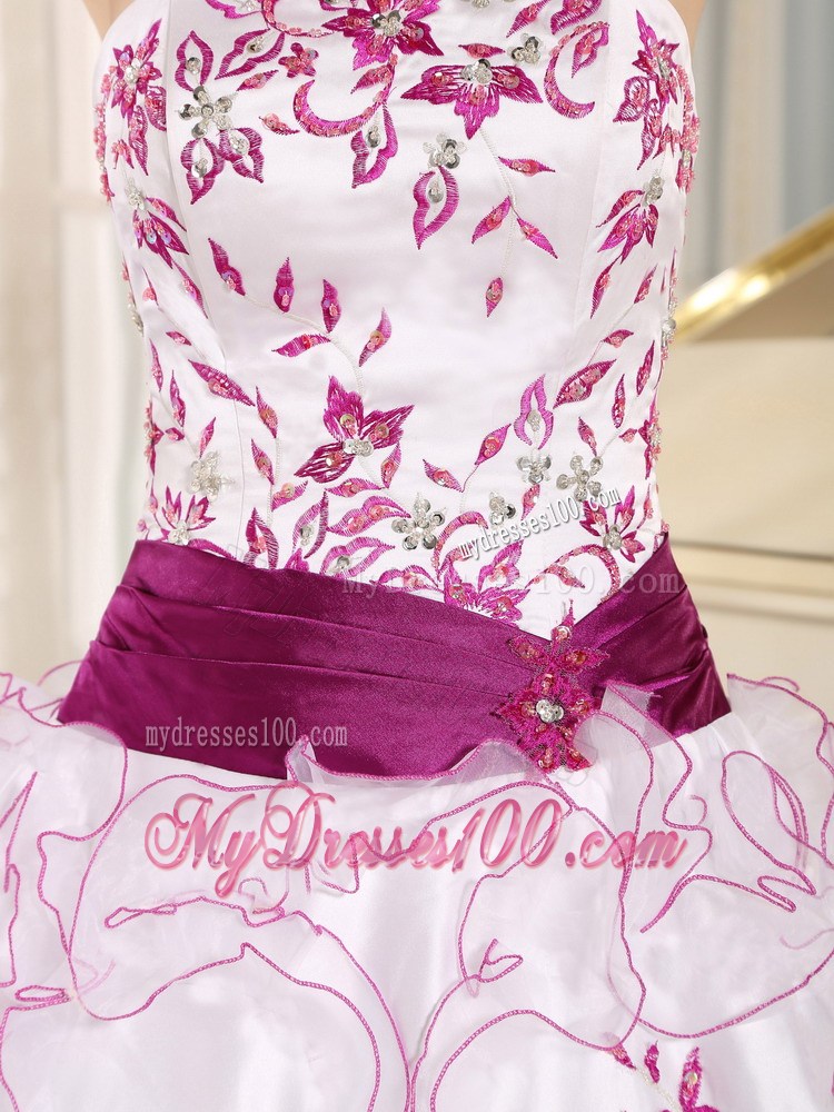 White Organza Strapless Quinceanera Dress With Embroidery and Belt