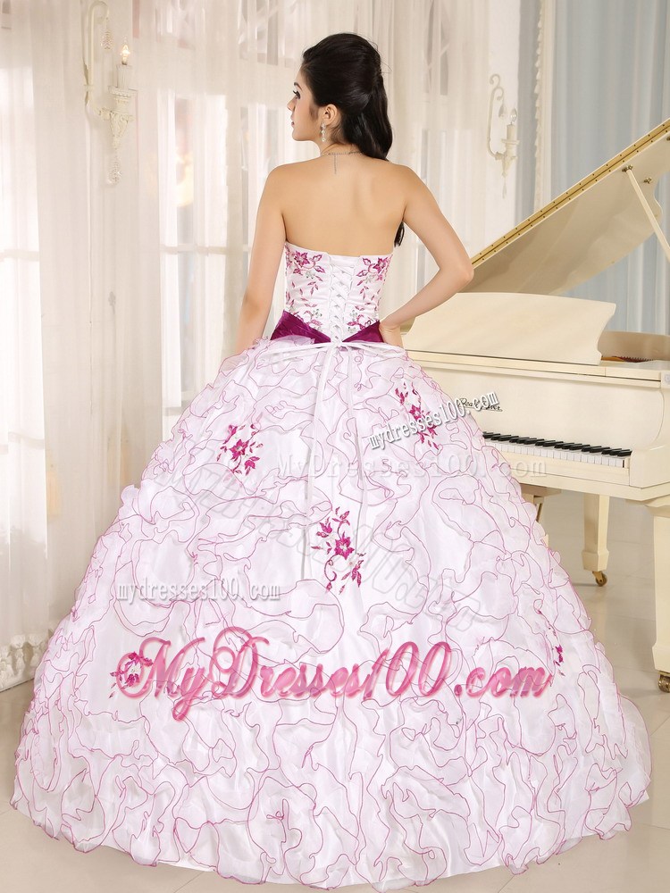 White Organza Strapless Quinceanera Dress With Embroidery and Belt