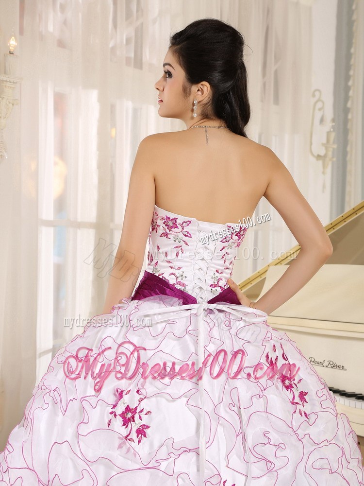 White Organza Strapless Quinceanera Dress With Embroidery and Belt