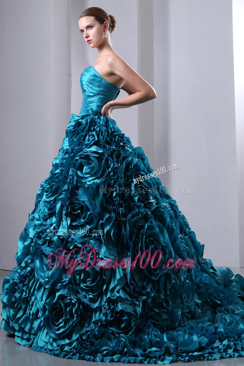Teal Sweetheart Quinceanera Dress Brush Train Ruch and Hand Flowers