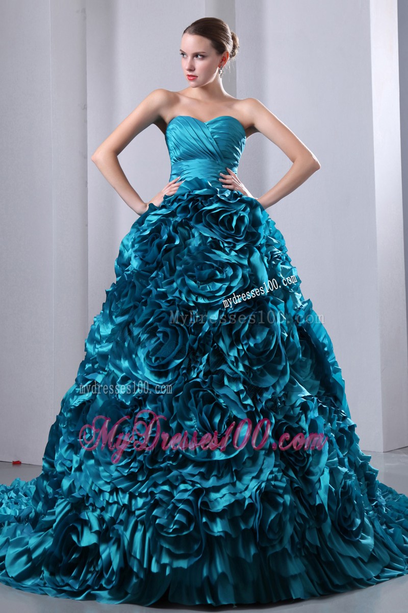 Teal Sweetheart Quinceanera Dress Brush Train Ruch and Hand Flowers