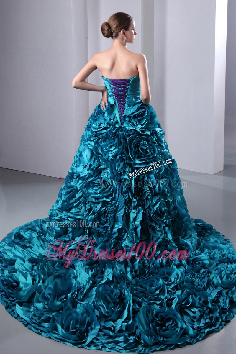 Teal Sweetheart Quinceanera Dress Brush Train Ruch and Hand Flowers
