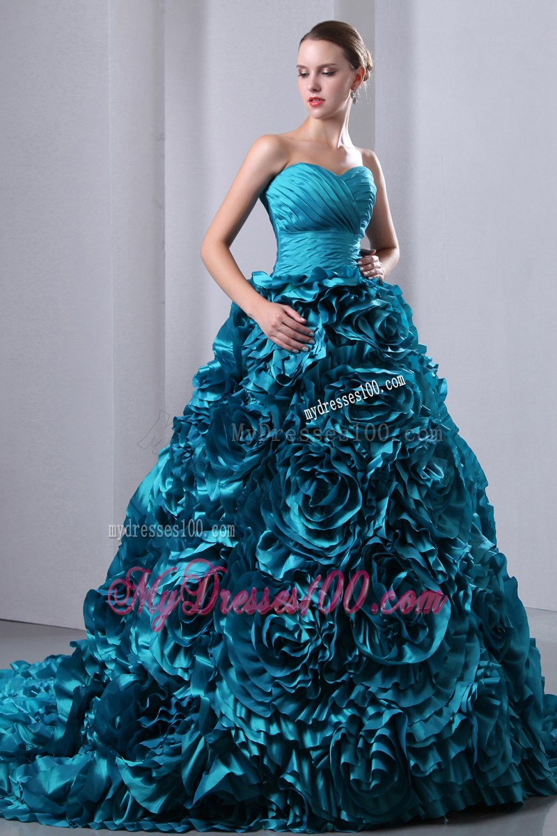 Teal Sweetheart Quinceanera Dress Brush Train Ruch and Hand Flowers