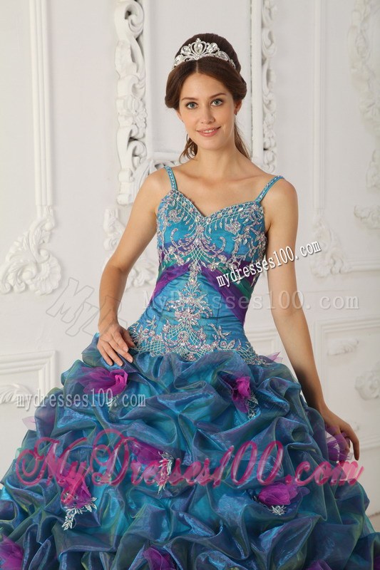 Teal Straps Chapel TrainAppliques and Hand Flowers Quinceanera Dress