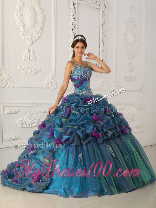 Teal Straps Chapel TrainAppliques and Hand Flowers Quinceanera Dress
