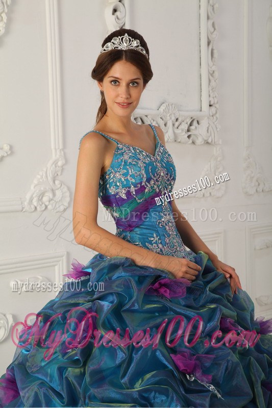 Teal Straps Chapel TrainAppliques and Hand Flowers Quinceanera Dress