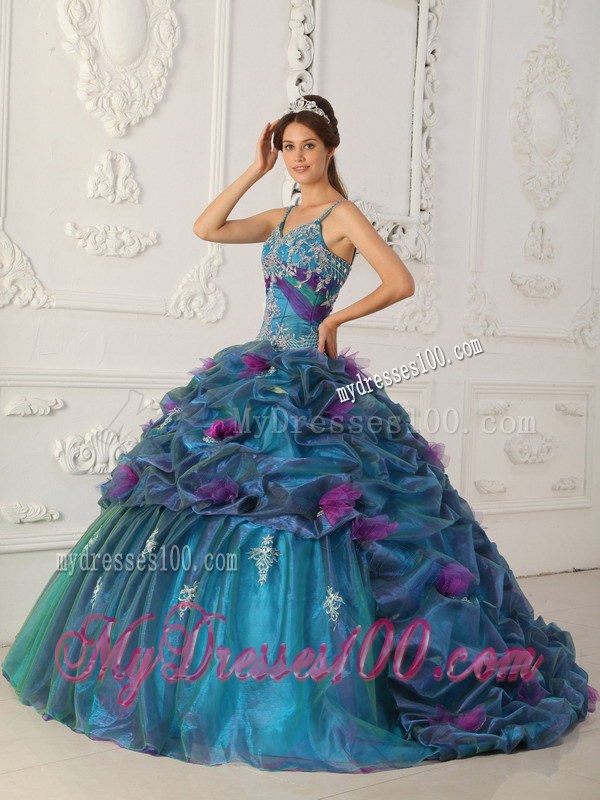 Teal Straps Chapel TrainAppliques and Hand Flowers Quinceanera Dress