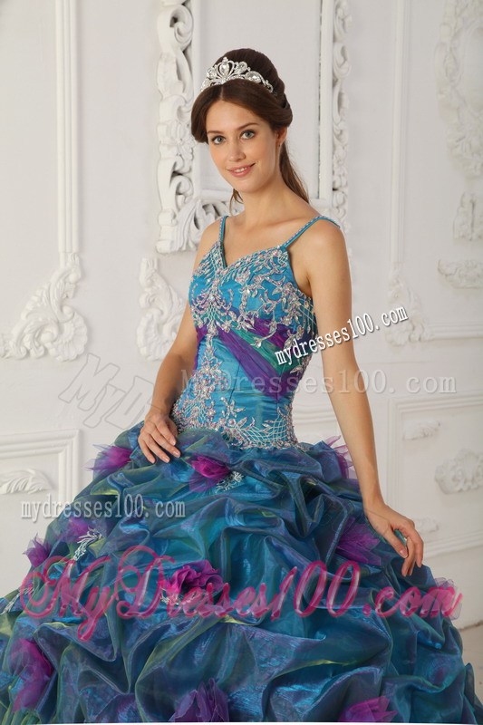 Teal Straps Chapel TrainAppliques and Hand Flowers Quinceanera Dress