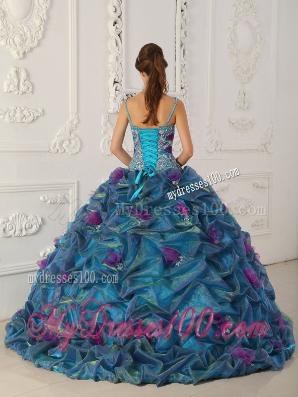 Teal Straps Chapel TrainAppliques and Hand Flowers Quinceanera Dress