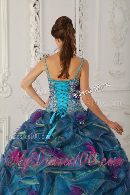 Teal Straps Chapel TrainAppliques and Hand Flowers Quinceanera Dress