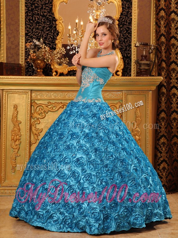 Teal Sweetheart Appliques Quince Dress Fabric With Rolling Flowers