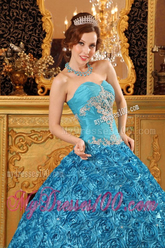 Teal Sweetheart Appliques Quince Dress Fabric With Rolling Flowers