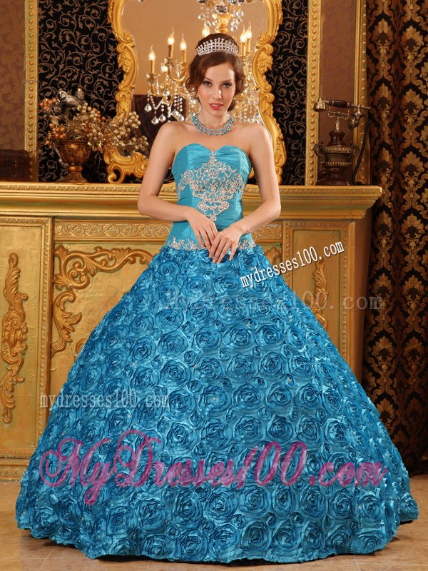 Teal Sweetheart Appliques Quince Dress Fabric With Rolling Flowers