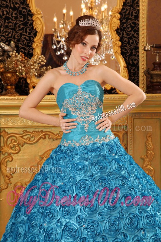 Teal Sweetheart Appliques Quince Dress Fabric With Rolling Flowers