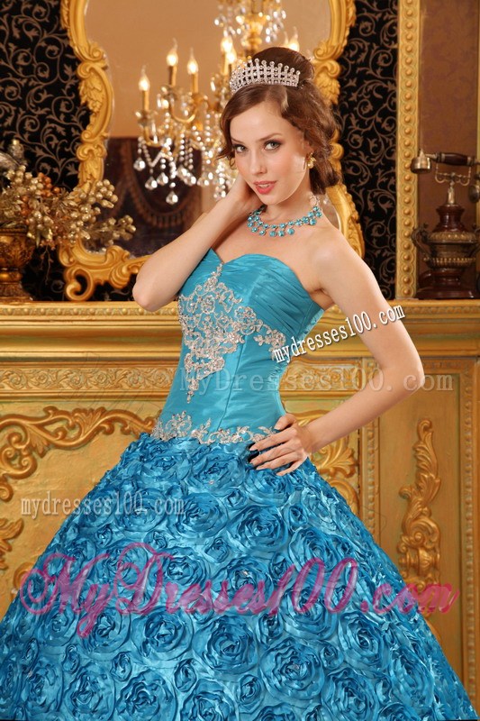 Teal Sweetheart Appliques Quince Dress Fabric With Rolling Flowers