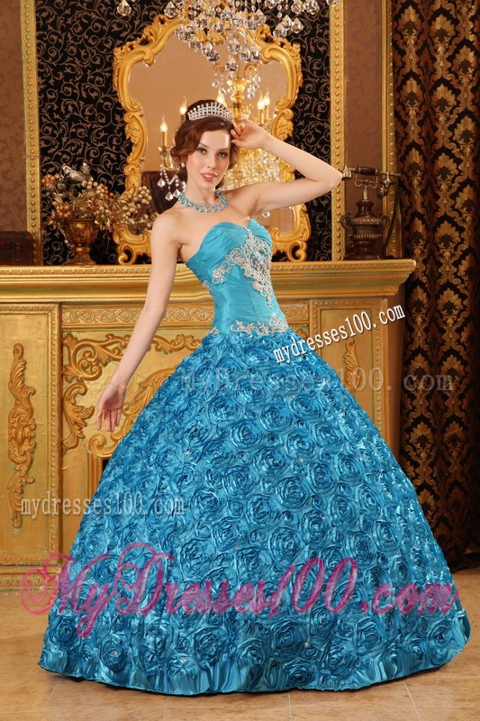Teal Sweetheart Appliques Quince Dress Fabric With Rolling Flowers
