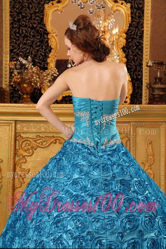 Teal Sweetheart Appliques Quince Dress Fabric With Rolling Flowers