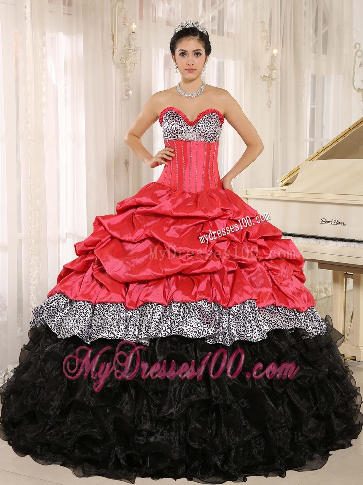 Watermelon and Black Ruffles Quinces Dresses Added Zebra Print