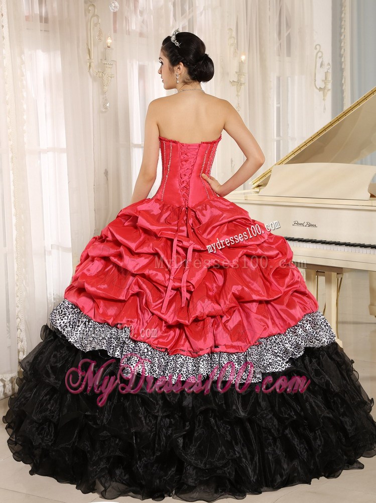 Watermelon and Black Ruffles Quinces Dresses Added Zebra Print