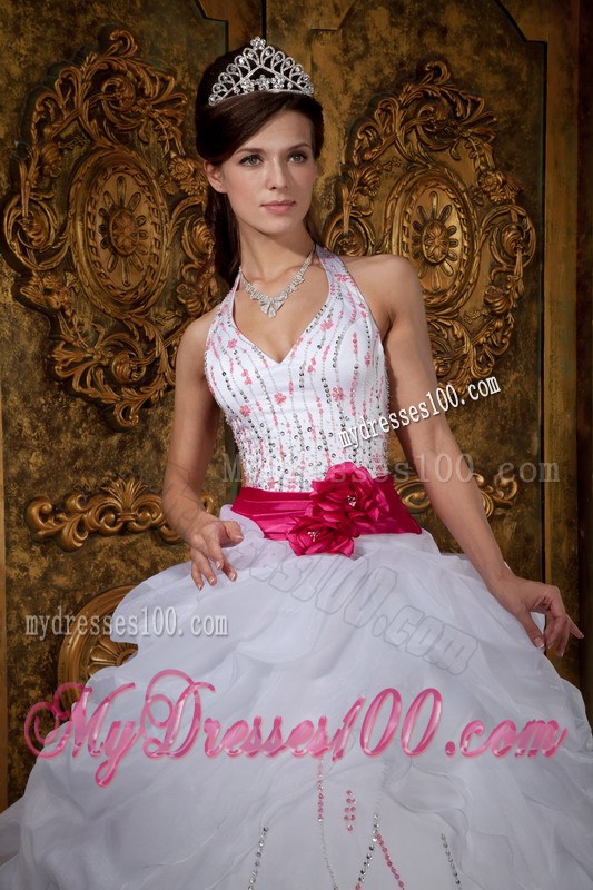 White A-line Halter Beading Organza Quinceanera Dress with Belt