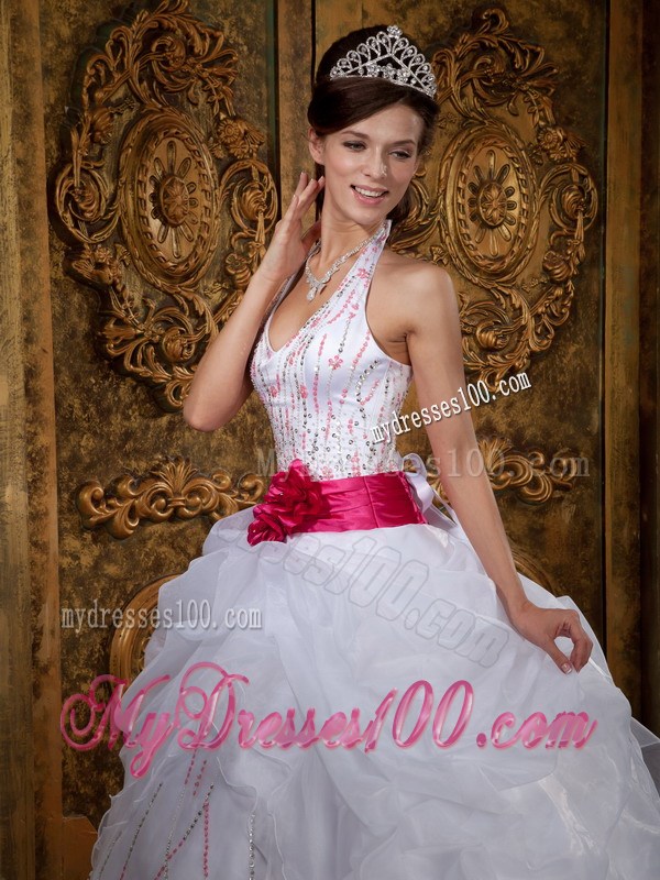 White A-line Halter Beading Organza Quinceanera Dress with Belt