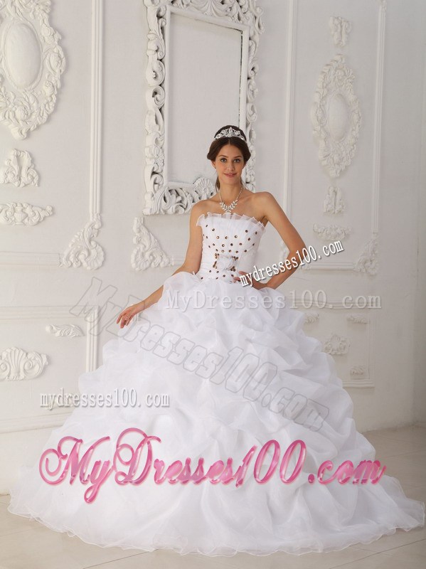 White Strapless Quinceanera Dress Court Train Beading and Hand Flowers