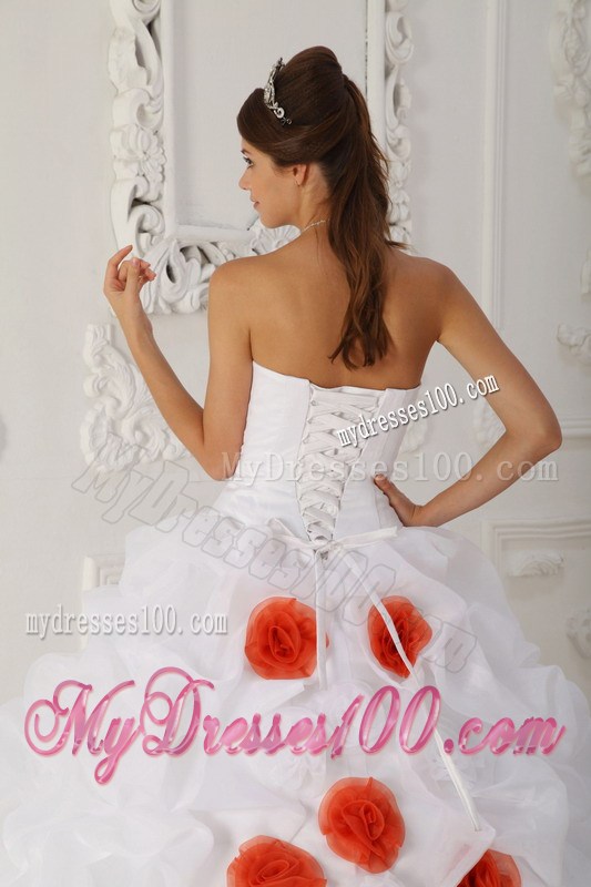 White Strapless Quinceanera Dress Court Train Beading and Hand Flowers