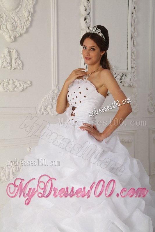 White Strapless Quinceanera Dress Court Train Beading and Hand Flowers