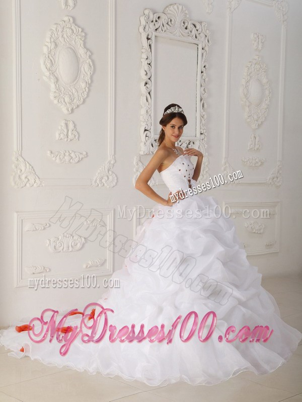 White Strapless Quinceanera Dress Court Train Beading and Hand Flowers