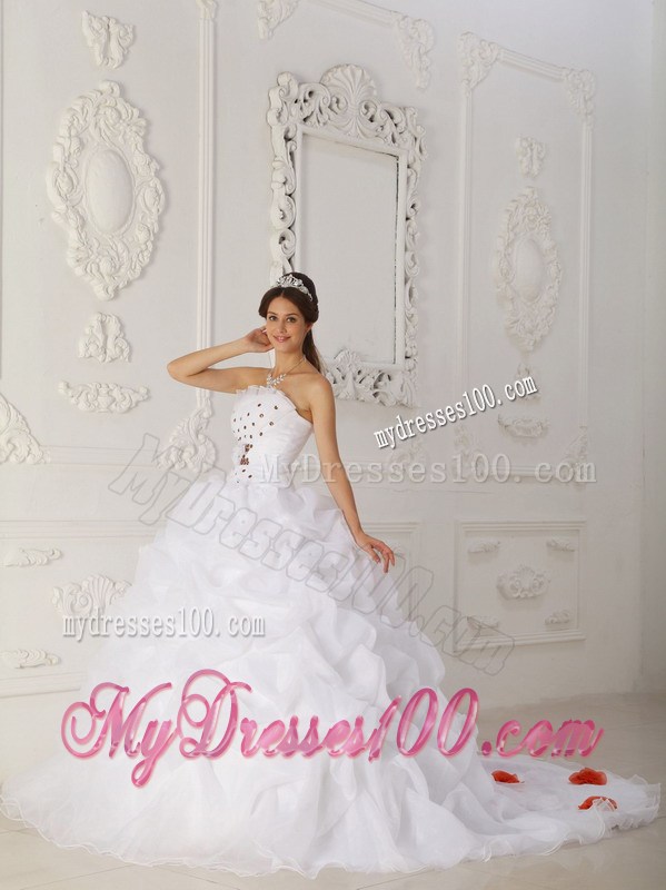 White Strapless Quinceanera Dress Court Train Beading and Hand Flowers