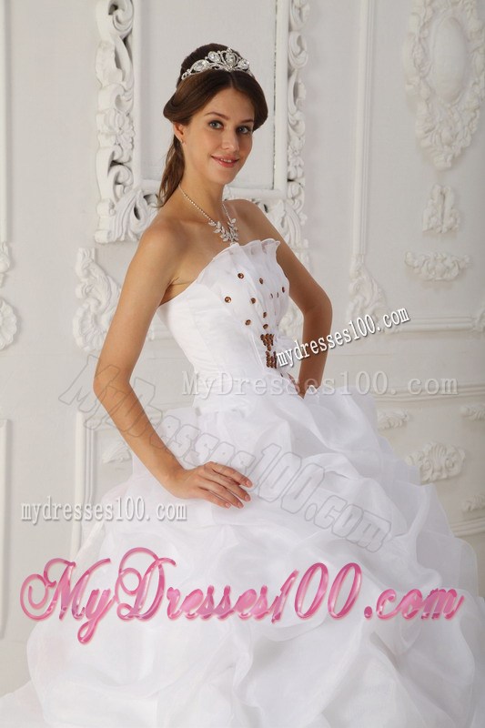 White Strapless Quinceanera Dress Court Train Beading and Hand Flowers