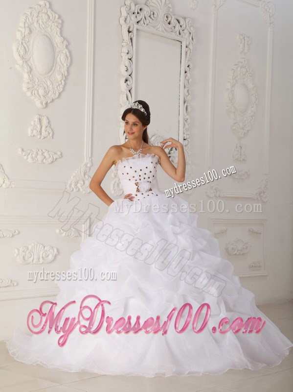White Strapless Quinceanera Dress Court Train Beading and Hand Flowers