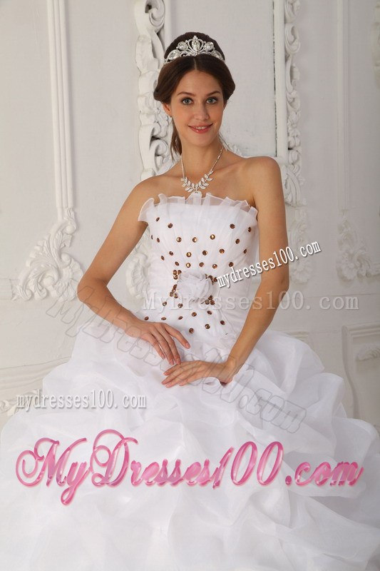 White Strapless Quinceanera Dress Court Train Beading and Hand Flowers